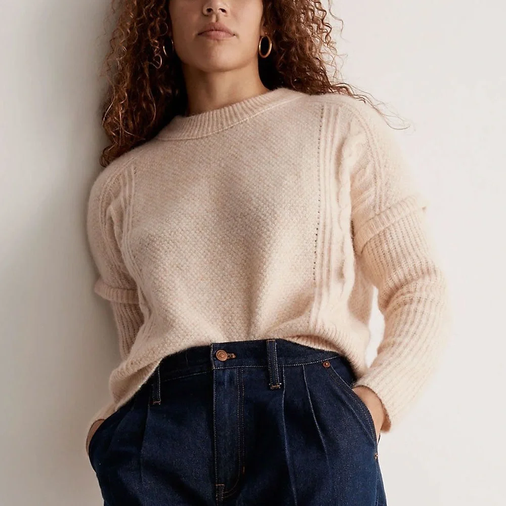 Madewell Knit Sweater Women's Medium Neutral‎ with Ribbed Collar Light Academia